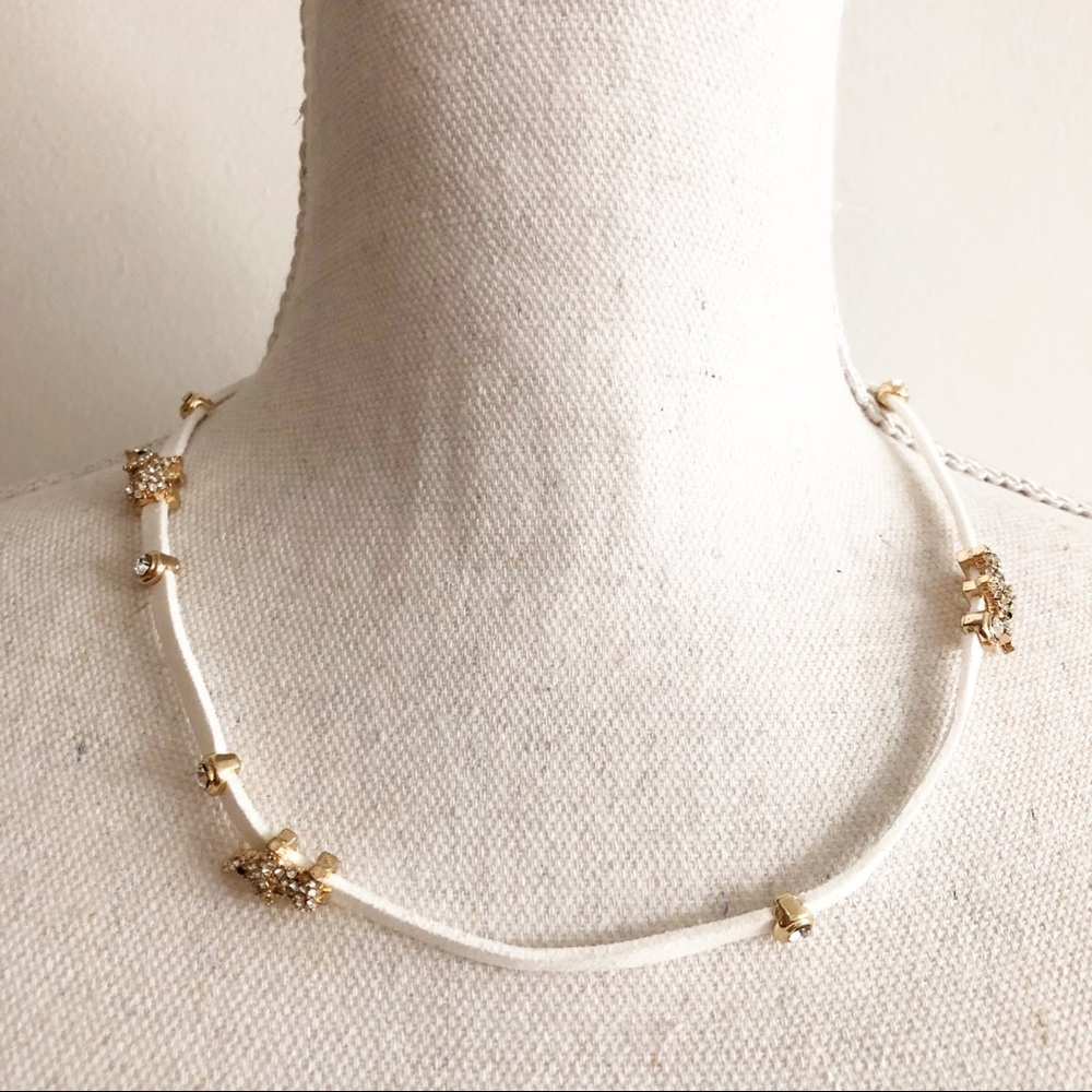 MARLYN SCHIFF White Leather Cord Choker Necklace with Elephant Jeweled Charms